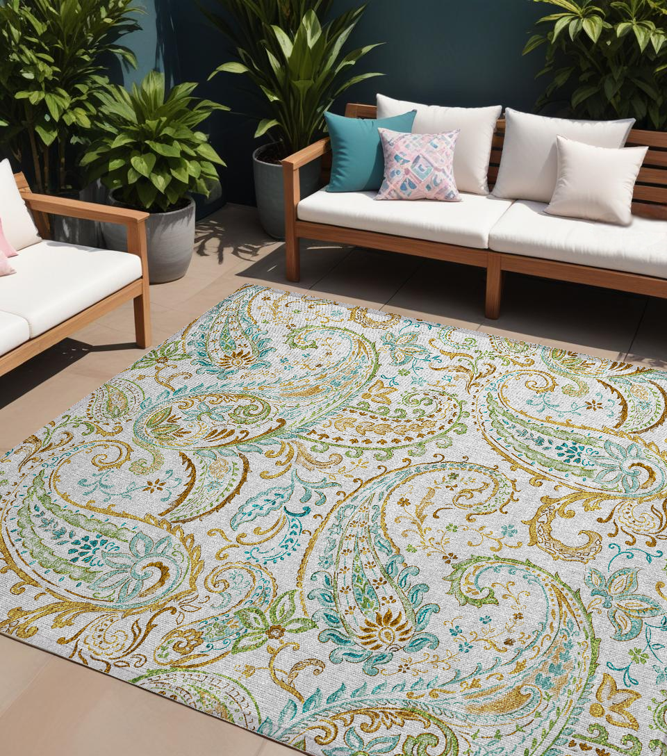 10' X 14' Ivory and Gold Paisley Washable Non Skid Indoor Outdoor Area Rug-561427-1