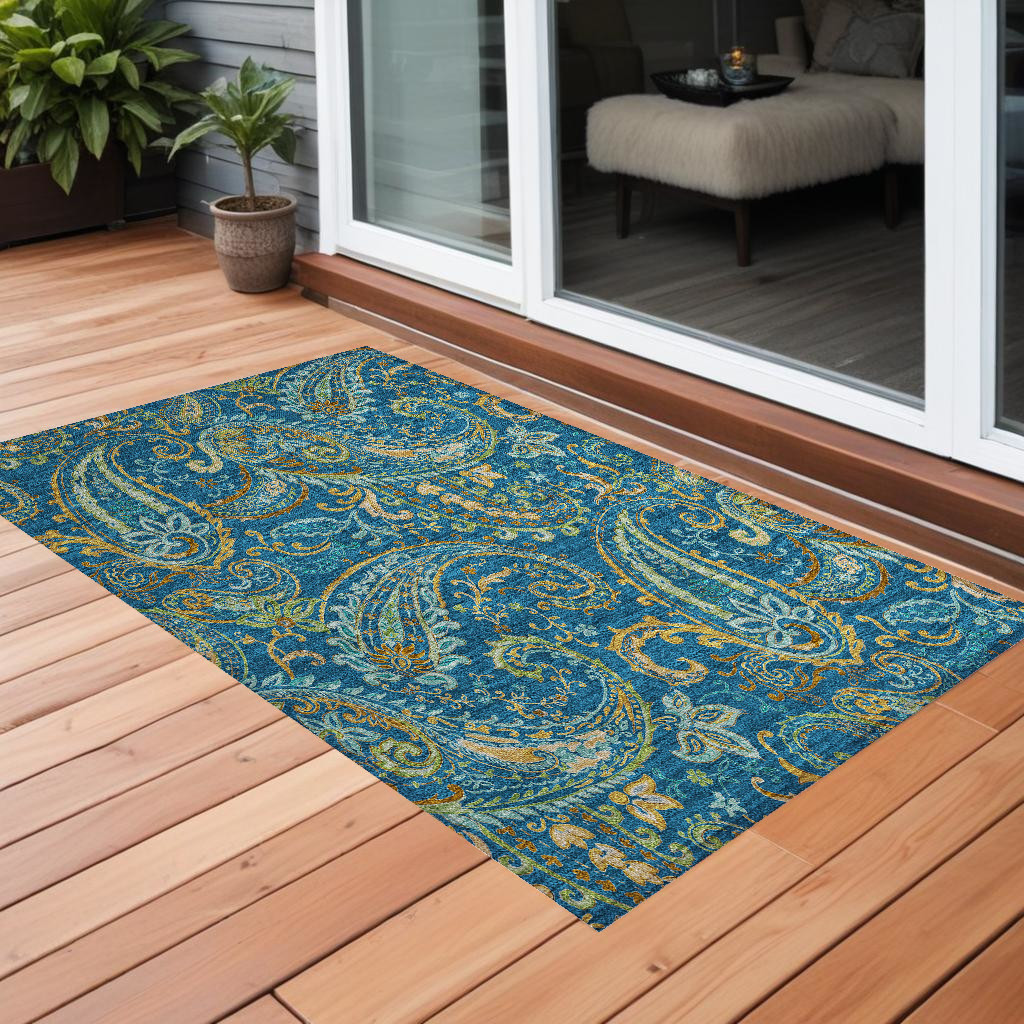 3' X 5' Blue Green and Gold Paisley Washable Non Skid Indoor Outdoor Area Rug-561431-1