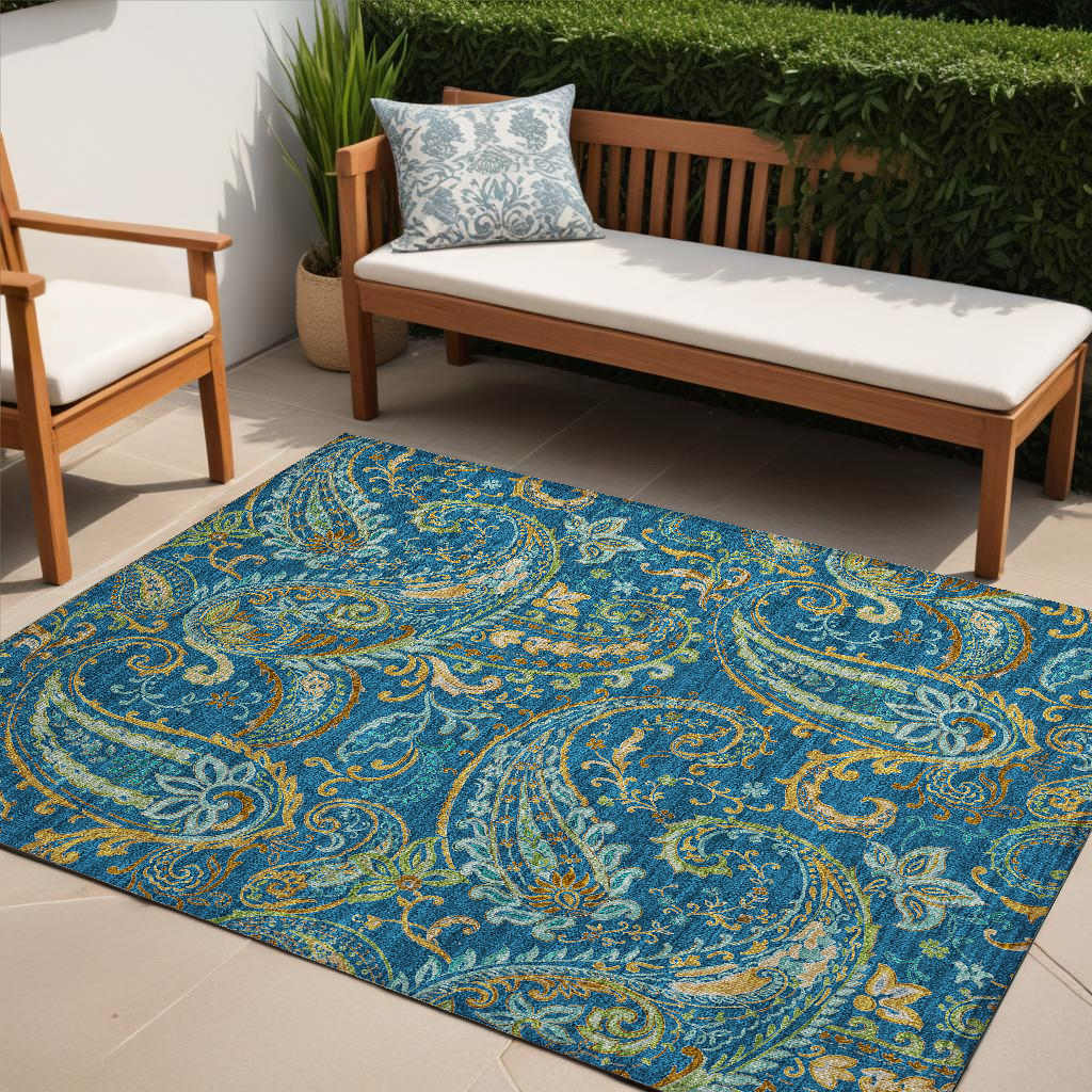 5' X 8' Navy Blue Paisley Washable Non Skid Indoor Outdoor Area Rug-561432-1