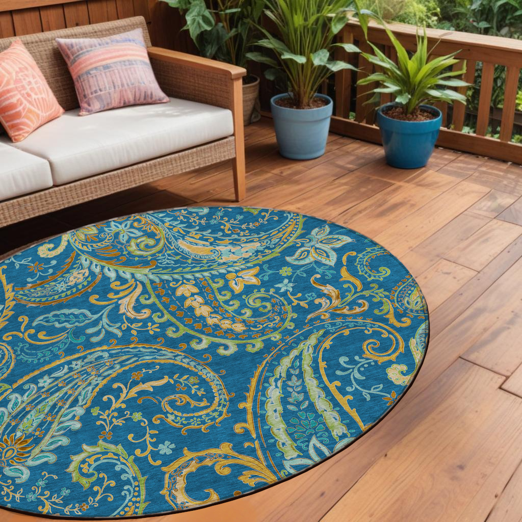 8' Round Navy Blue Round Paisley Washable Non Skid Indoor Outdoor Area Rug-561433-1