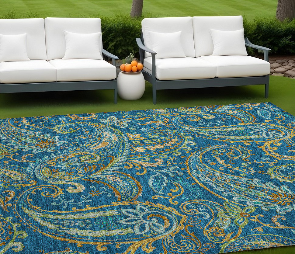 8' X 10' Navy Blue Paisley Washable Non Skid Indoor Outdoor Area Rug-561434-1
