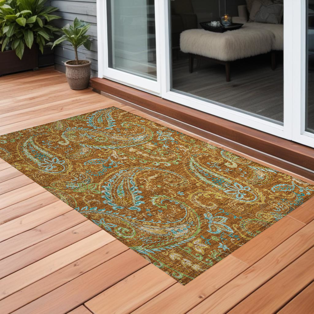 2' X 3' Orange Paisley Washable Non Skid Indoor Outdoor Area Rug-561437-1