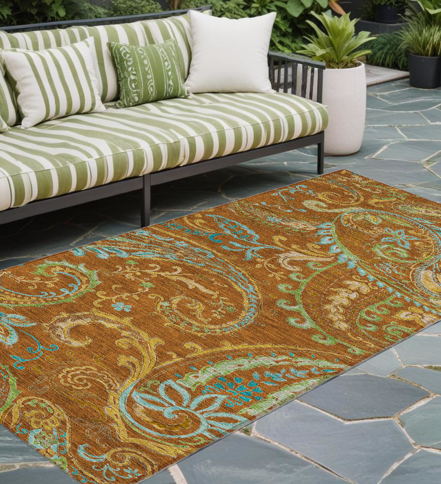 8' Runner Orange Paisley Washable Non Skid Indoor Outdoor Runner Rug-561438-1