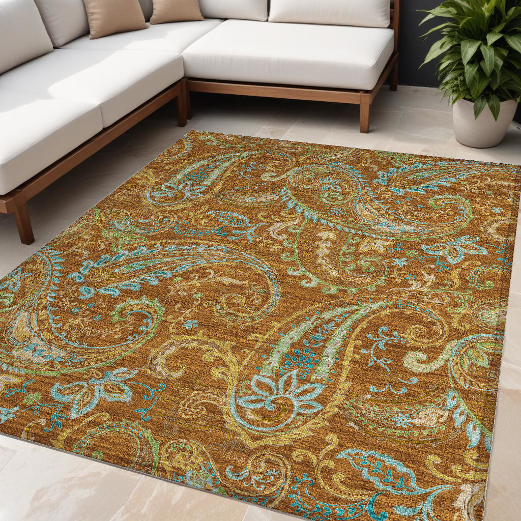5' X 8' Orange Paisley Washable Non Skid Indoor Outdoor Area Rug-561441-1