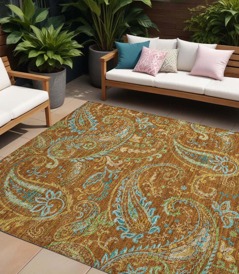 10' X 14' Orange Paisley Washable Non Skid Indoor Outdoor Area Rug-561445-1