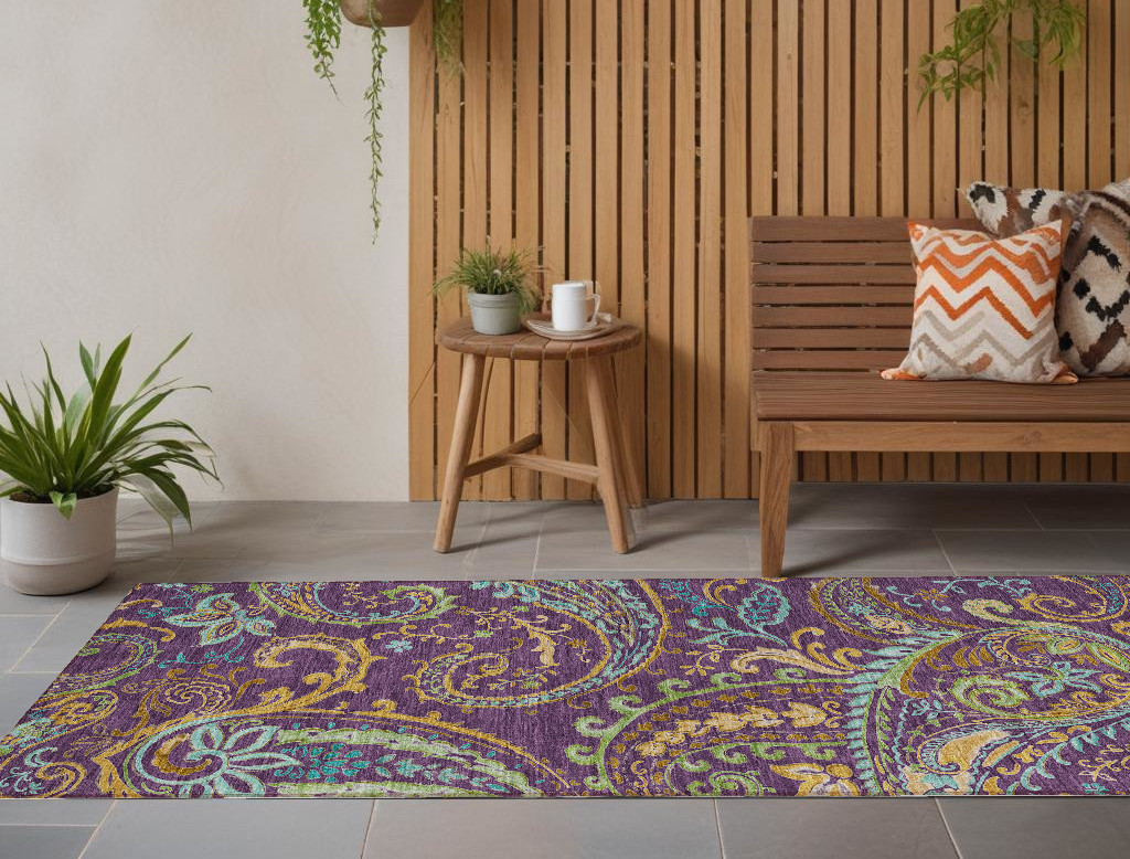 8' Runner Purple Paisley Washable Non Skid Indoor Outdoor Runner Rug-561447-1