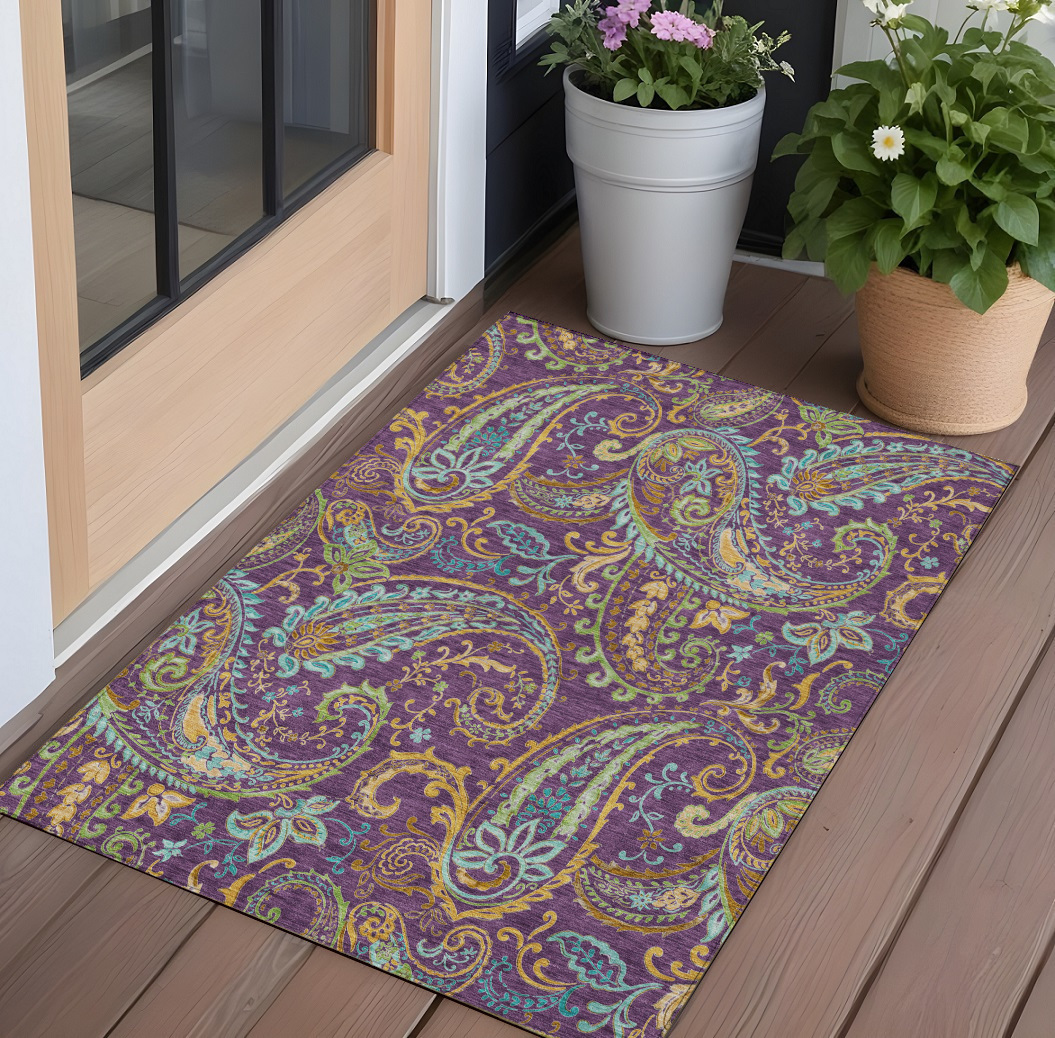 3' X 5' Purple Turquoise and Gold Paisley Washable Non Skid Indoor Outdoor Area Rug-561449-1