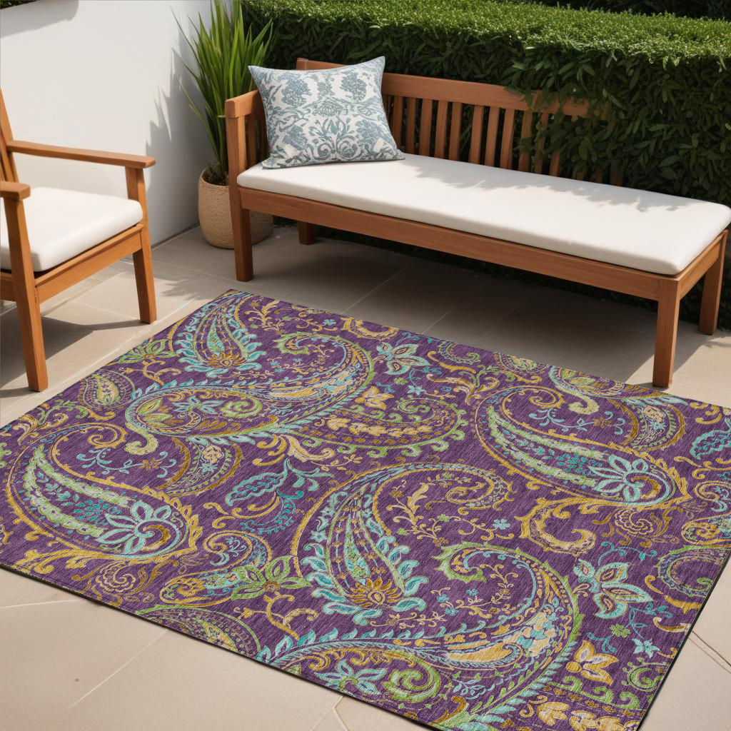 5' X 8' Purple Turquoise and Gold Paisley Washable Non Skid Indoor Outdoor Area Rug-561450-1