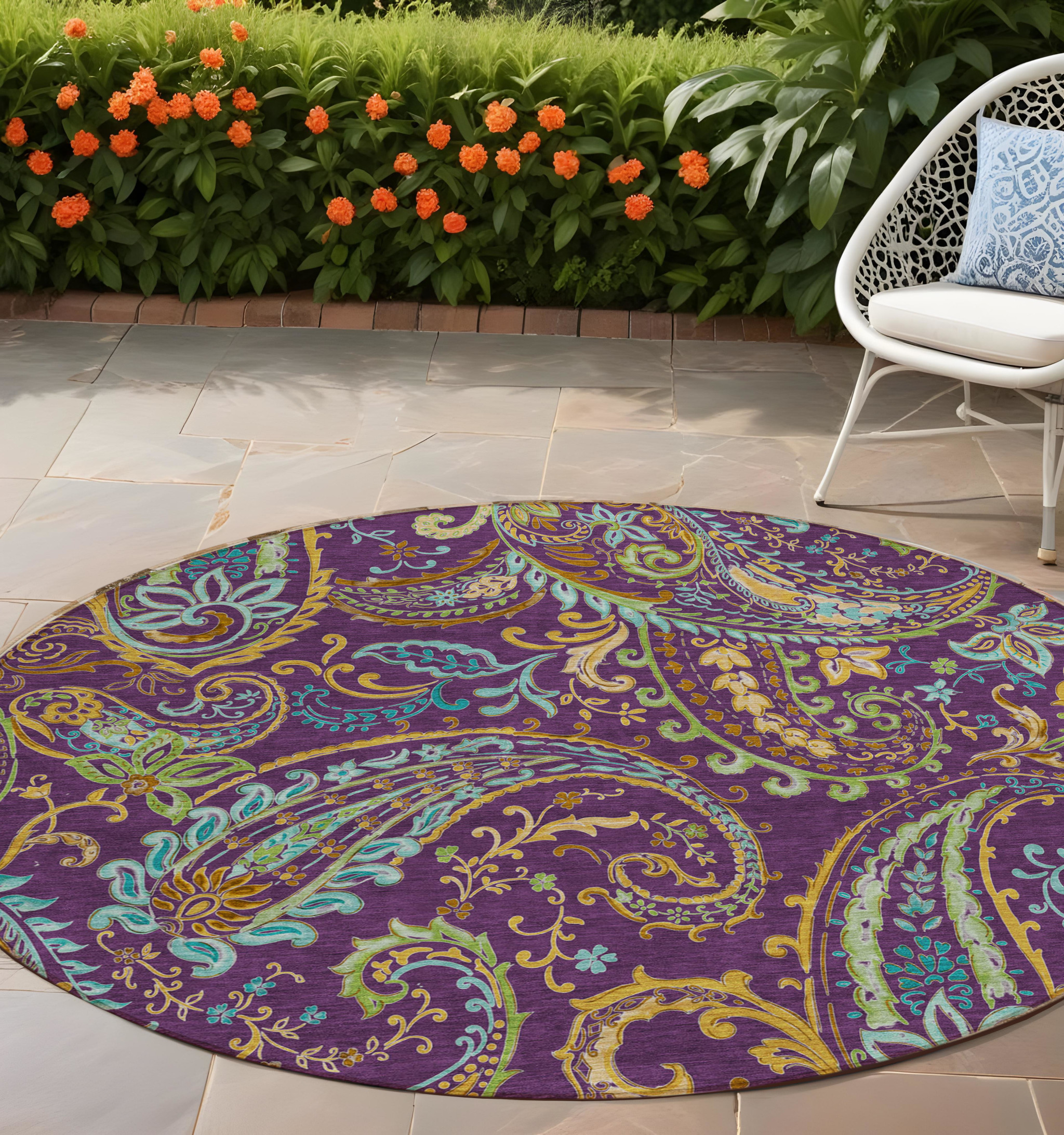 8' X 8' Purple Turquoise and Gold Round Paisley Washable Non Skid Indoor Outdoor Area Rug-561451-1
