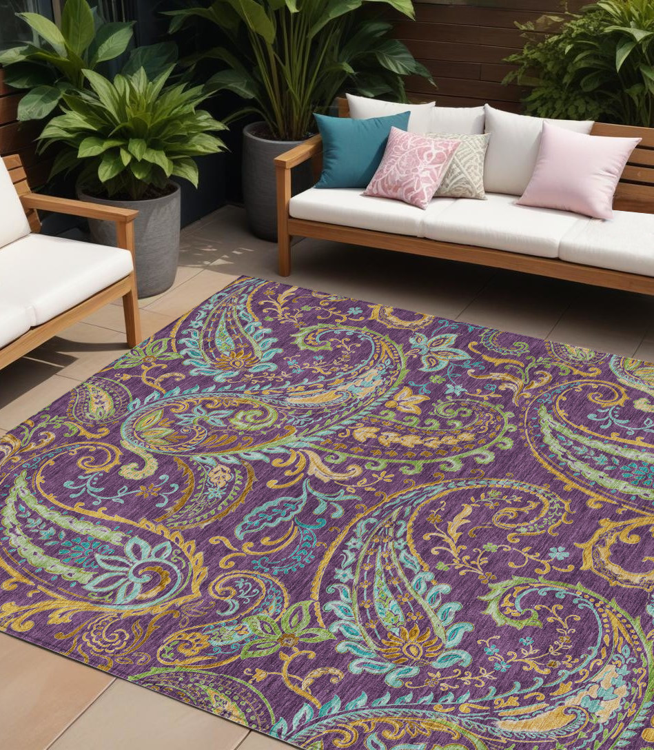 8' X 10' Purple Turquoise and Gold Paisley Washable Non Skid Indoor Outdoor Area Rug-561452-1