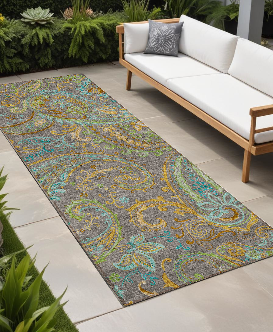 8' Runner Taupe Paisley Washable Non Skid Indoor Outdoor Runner Rug-561456-1