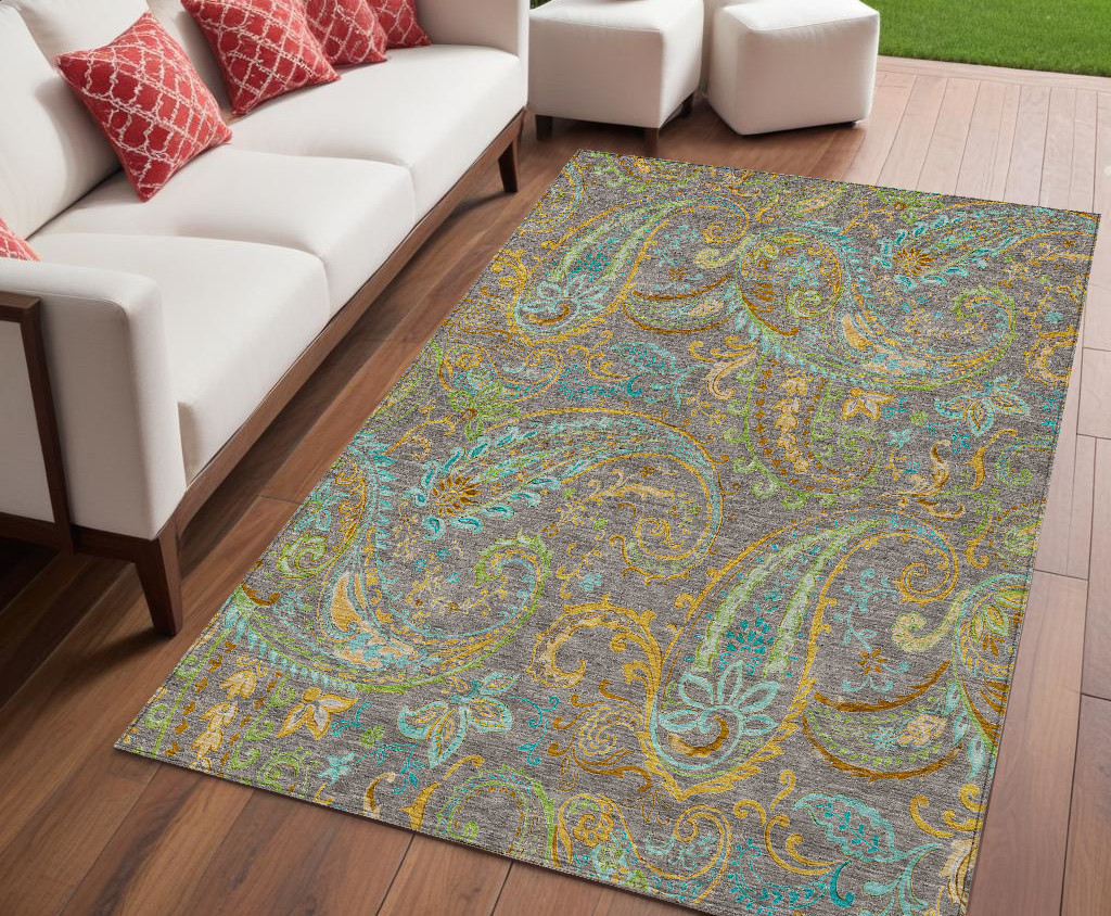 5' X 8' Taupe Paisley Washable Non Skid Indoor Outdoor Area Rug-561459-1