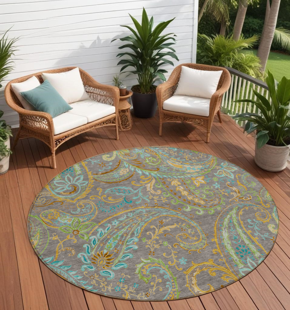 8' Round Taupe Round Paisley Washable Non Skid Indoor Outdoor Area Rug-561460-1