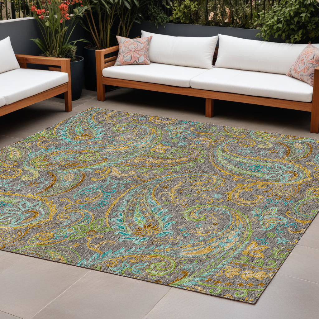 9' X 12' Taupe Paisley Washable Non Skid Indoor Outdoor Area Rug-561462-1