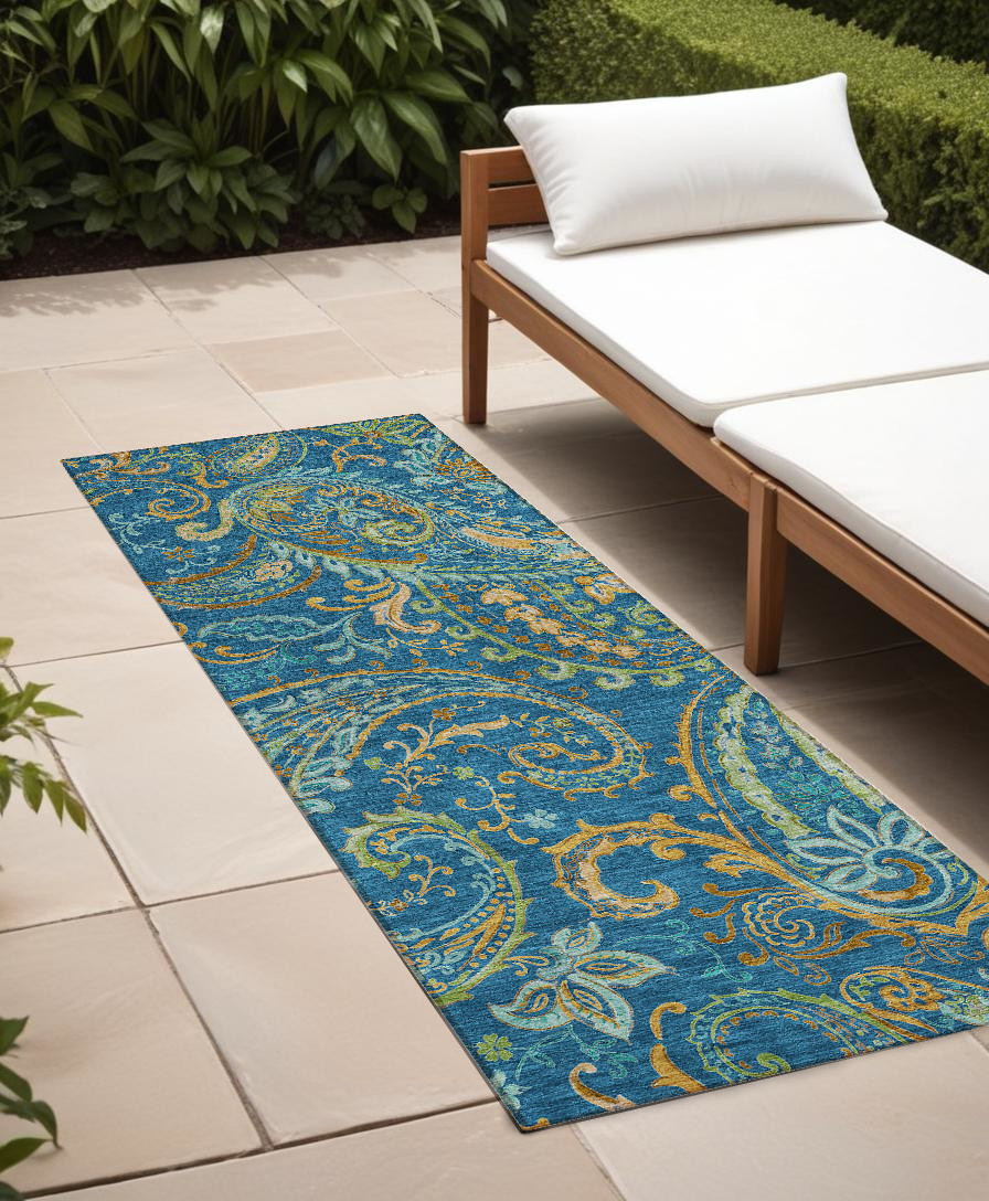 8' Runner Teal Paisley Washable Non Skid Indoor Outdoor Runner Rug-561465-1