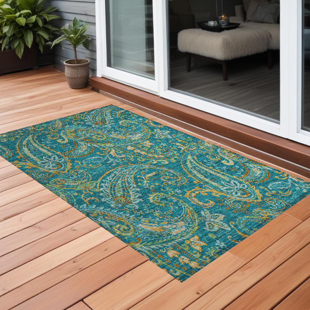 3' X 5' Teal Paisley Washable Non Skid Indoor Outdoor Area Rug-561467-1