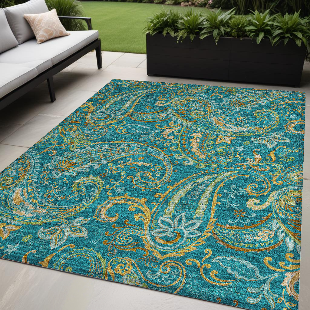 5' X 8' Teal Paisley Washable Non Skid Indoor Outdoor Area Rug-561468-1