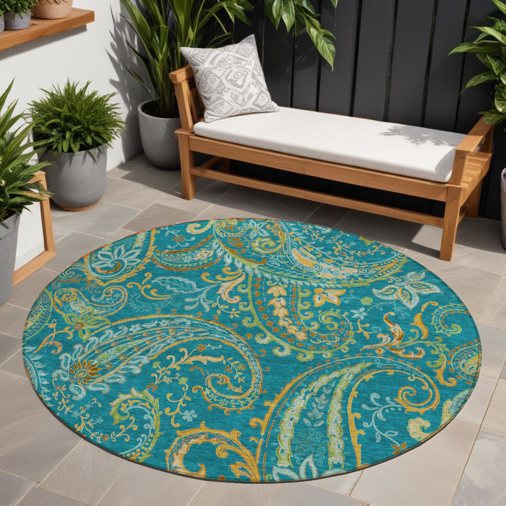 8' Round Teal Round Paisley Washable Non Skid Indoor Outdoor Area Rug-561469-1