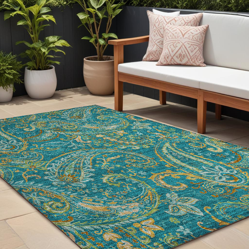 9' X 12' Teal Paisley Washable Non Skid Indoor Outdoor Area Rug-561471-1