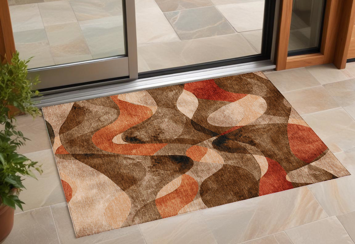 3' X 5' Chocolate Abstract Washable Non Skid Indoor Outdoor Area Rug-561573-1