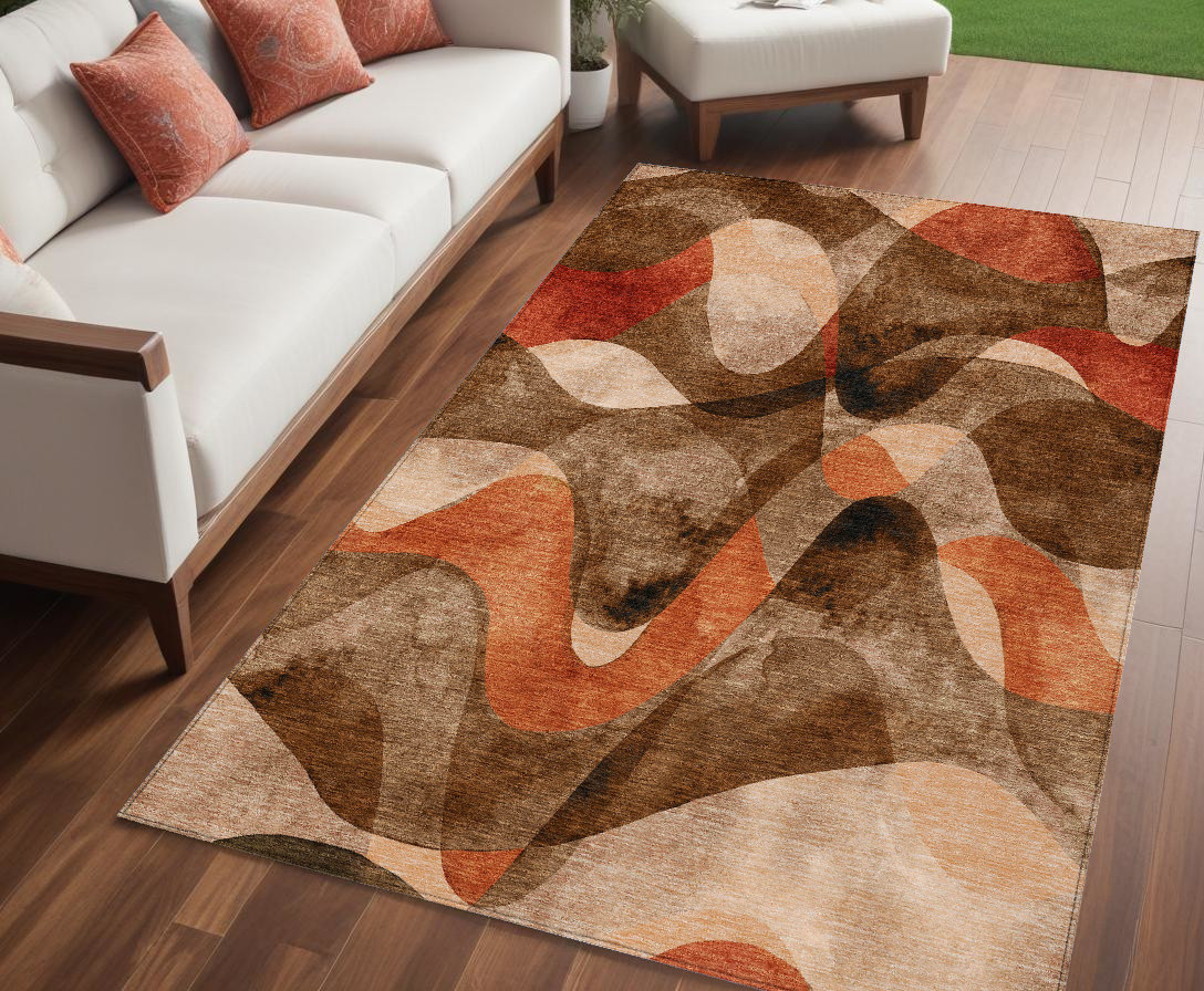 5' X 8' Chocolate Abstract Washable Non Skid Indoor Outdoor Area Rug-561574-1