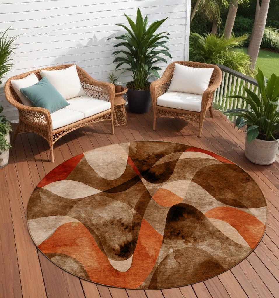 8' Round Chocolate Round Abstract Washable Non Skid Indoor Outdoor Area Rug-561575-1