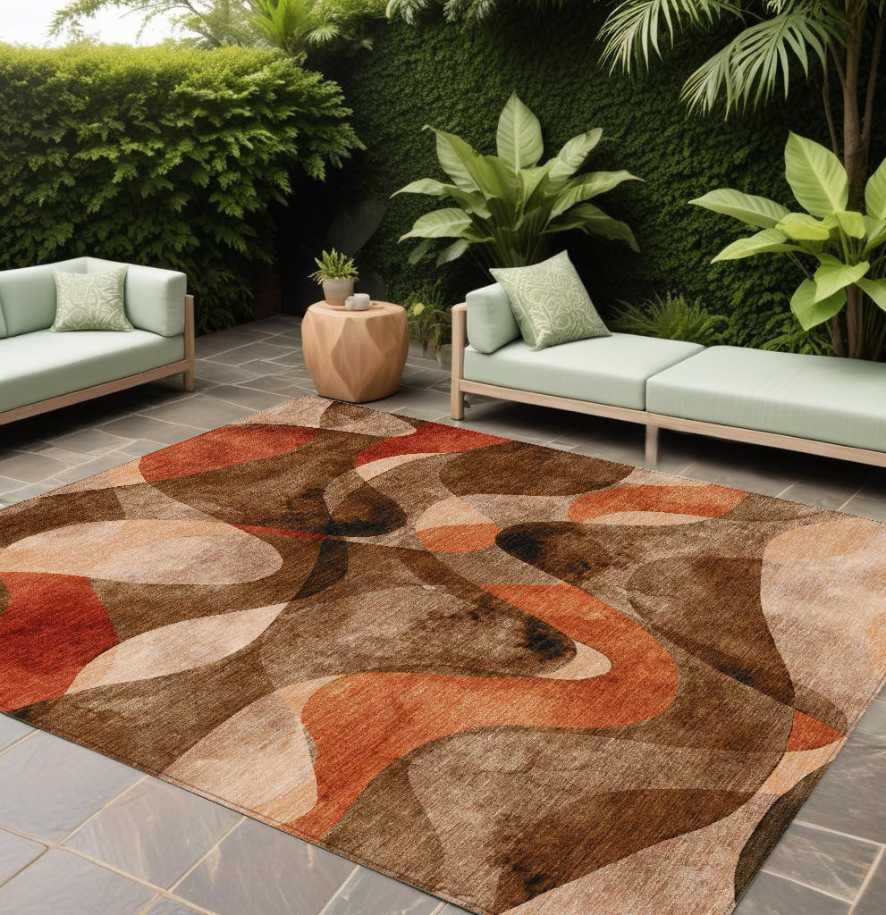 10' X 14' Chocolate Abstract Washable Non Skid Indoor Outdoor Area Rug-561578-1