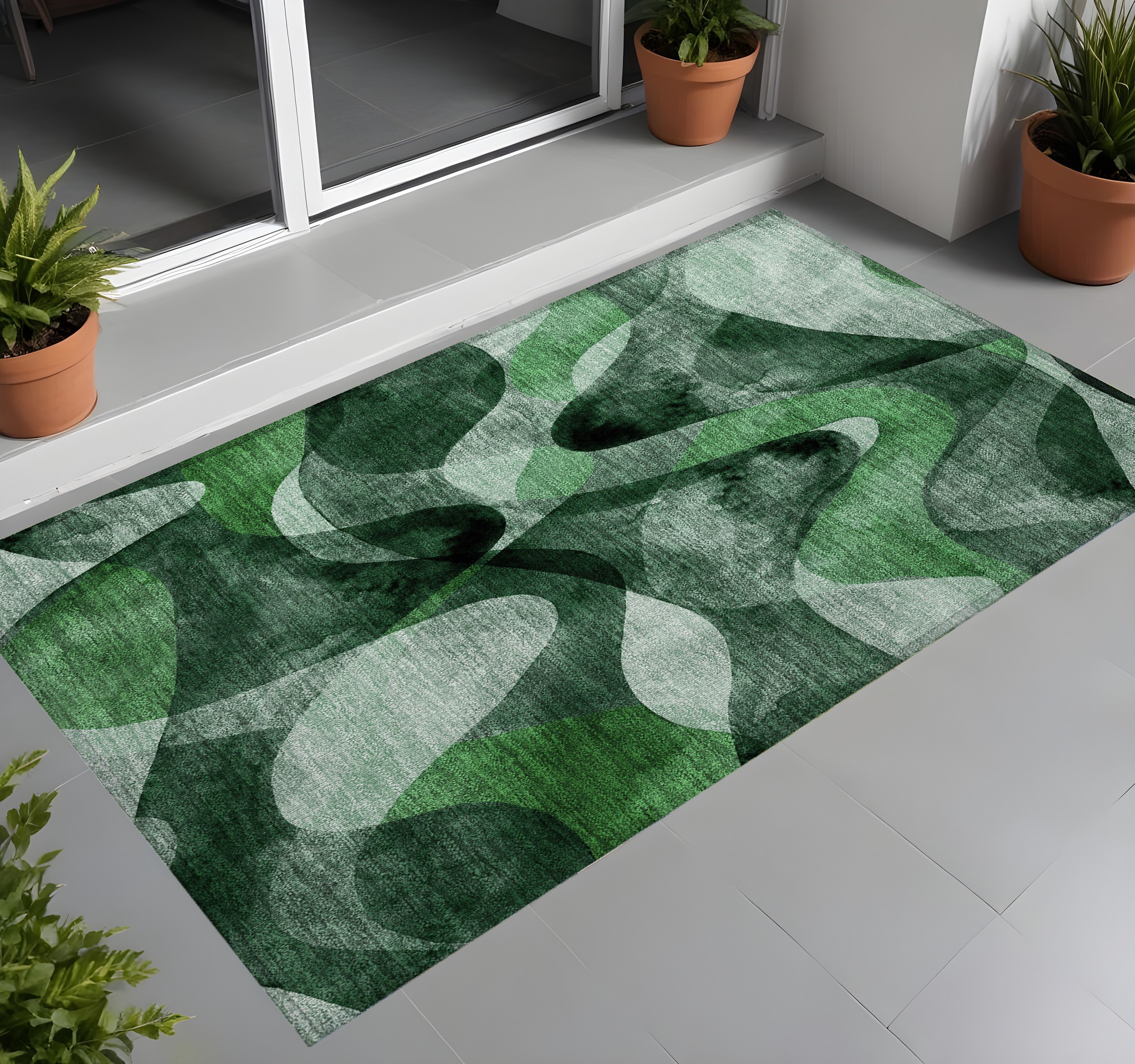 2' X 3' Fern Green Abstract Washable Non Skid Indoor Outdoor Area Rug-561588-1