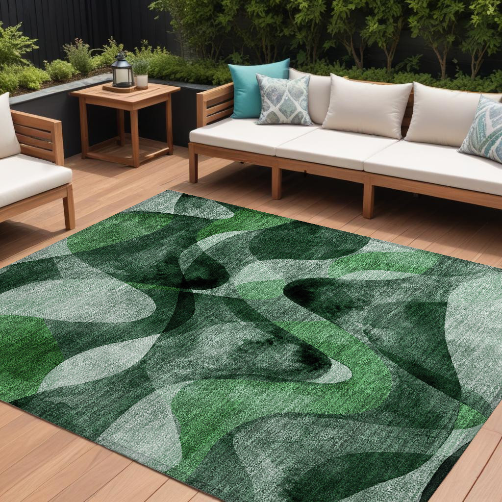 10' X 14' Fern Green Abstract Washable Non Skid Indoor Outdoor Area Rug-561596-1