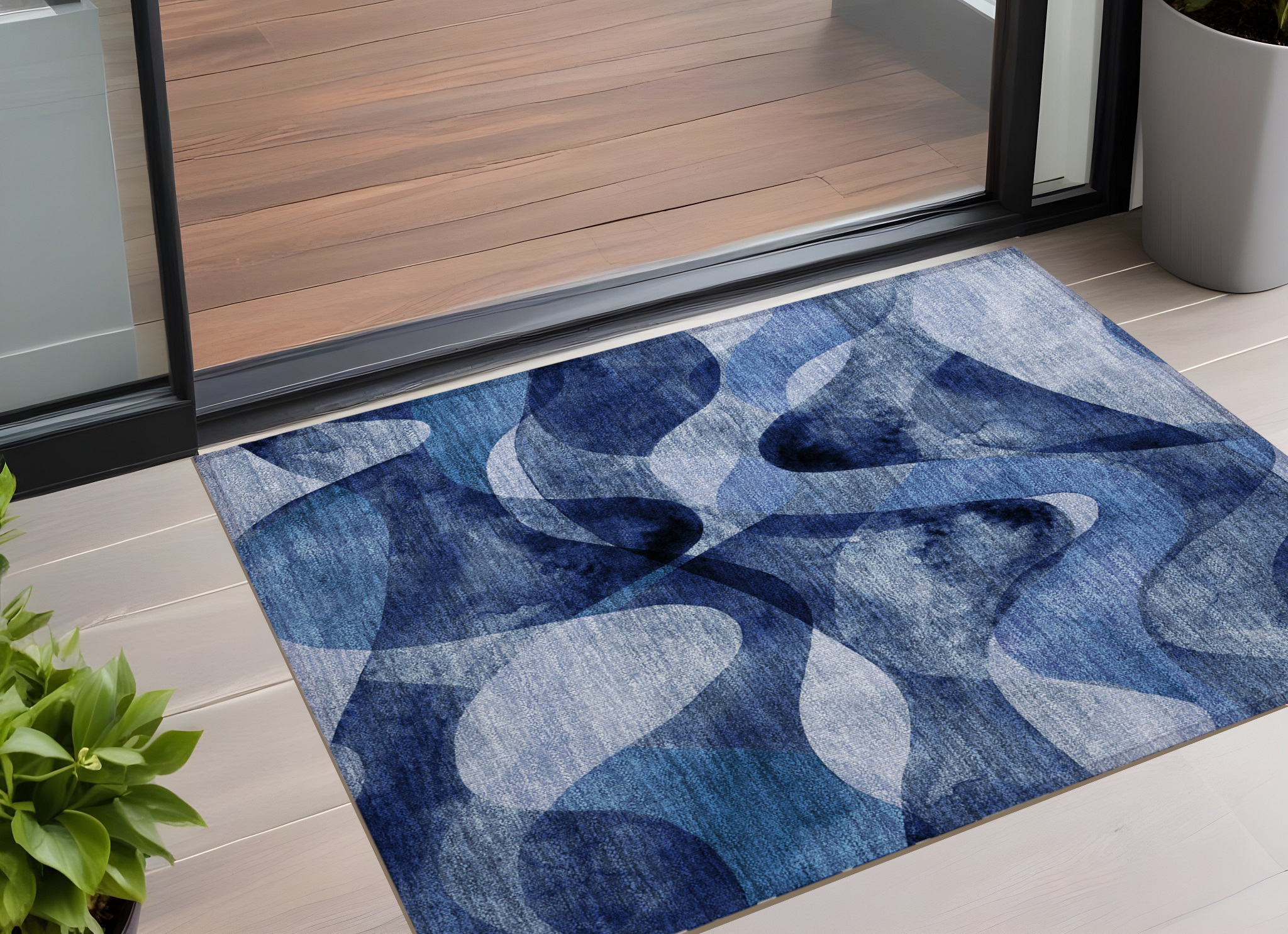 2' X 3' Navy Blue Abstract Washable Non Skid Indoor Outdoor Area Rug-561597-1
