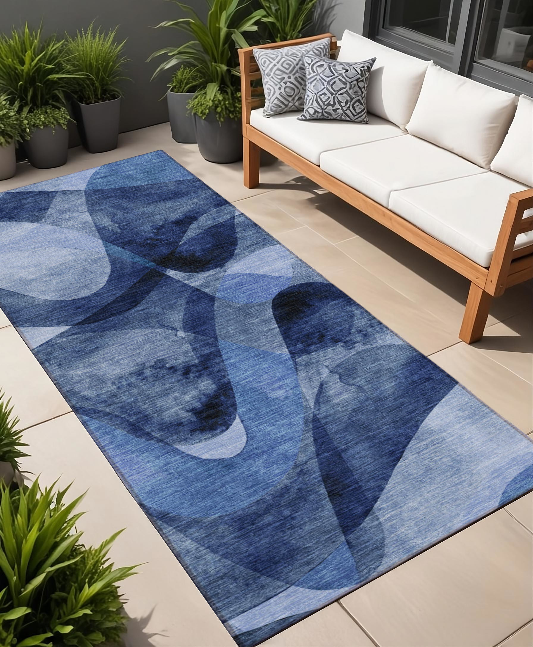 2' X 8' Navy Blue Abstract Washable Non Skid Indoor Outdoor Runner Rug-561598-1