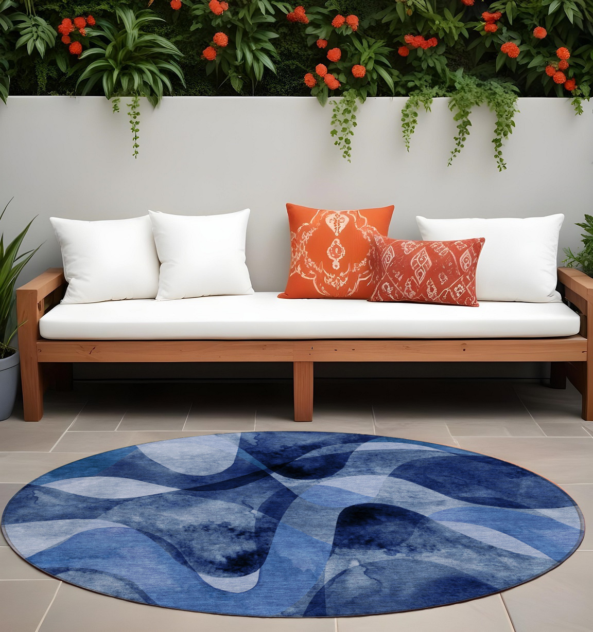 8' X 8' Navy Blue Round Abstract Washable Non Skid Indoor Outdoor Area Rug-561602-1