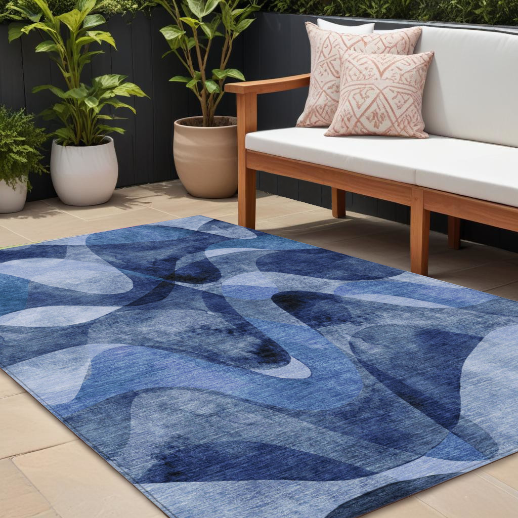 10' X 14' Navy Blue Abstract Washable Non Skid Indoor Outdoor Area Rug-561605-1