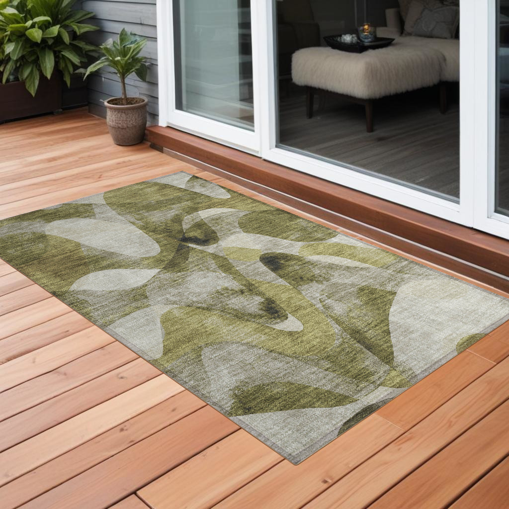 2' X 3' Olive Green Abstract Washable Non Skid Indoor Outdoor Area Rug-561606-1