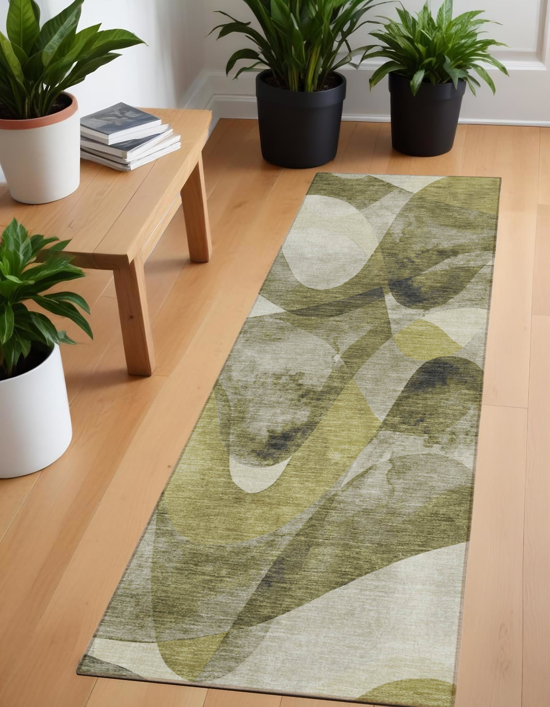 2' X 8' Olive Green Abstract Washable Non Skid Indoor Outdoor Runner Rug-561607-1