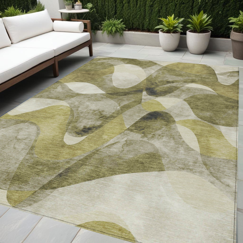 5' X 8' Olive Green Abstract Washable Non Skid Indoor Outdoor Area Rug-561610-1