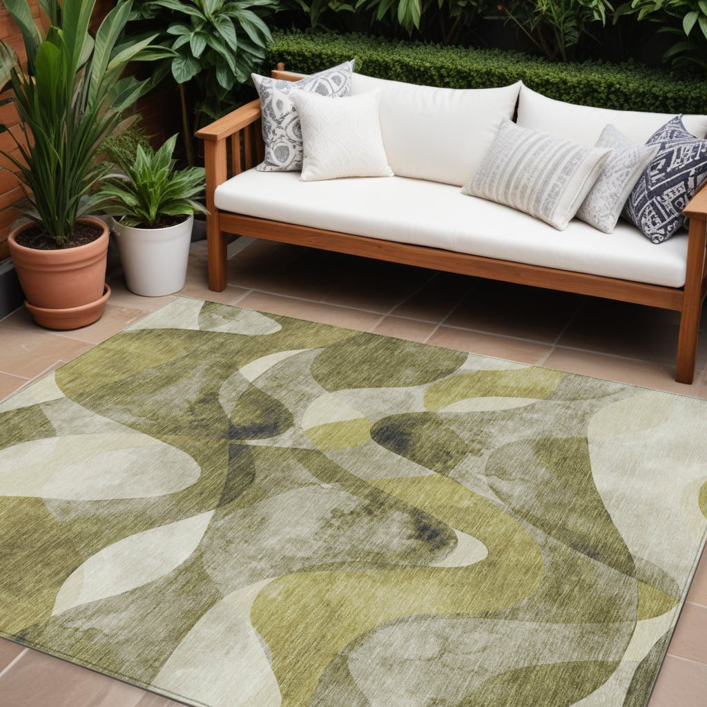 8' X 10' Olive Green Abstract Washable Non Skid Indoor Outdoor Area Rug-561612-1