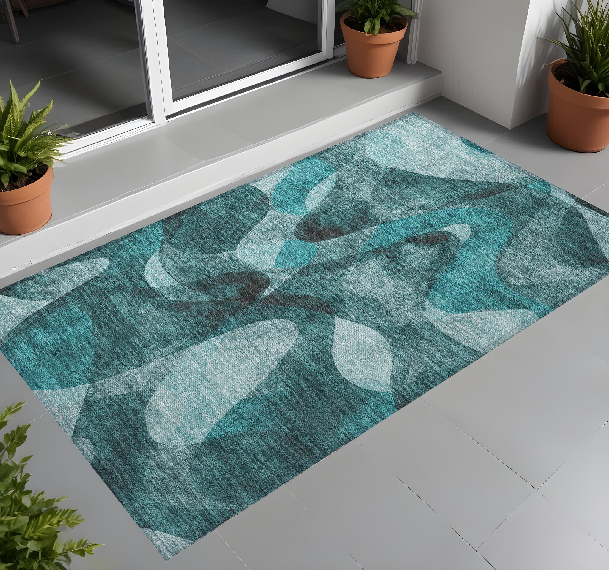 2' X 3' Teal Abstract Washable Non Skid Indoor Outdoor Area Rug-561624-1