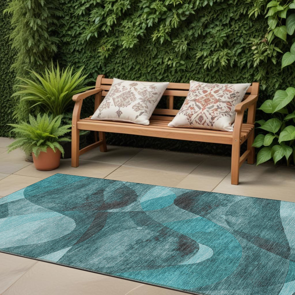 8' Runner Teal Abstract Washable Non Skid Indoor Outdoor Runner Rug-561625-1