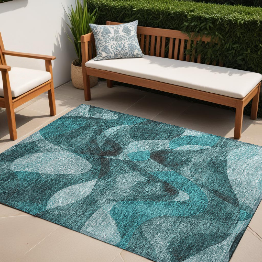 5' X 8' Teal Abstract Washable Non Skid Indoor Outdoor Area Rug-561628-1