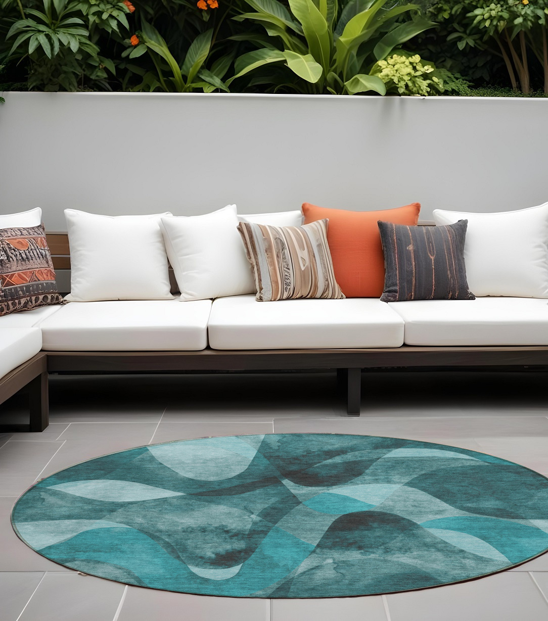 8' Round Teal Round Abstract Washable Non Skid Indoor Outdoor Area Rug-561629-1