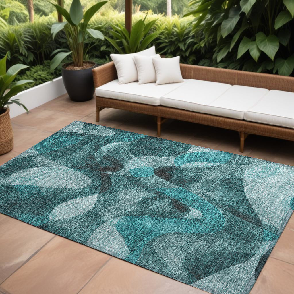 8' X 10' Teal Abstract Washable Non Skid Indoor Outdoor Area Rug-561630-1