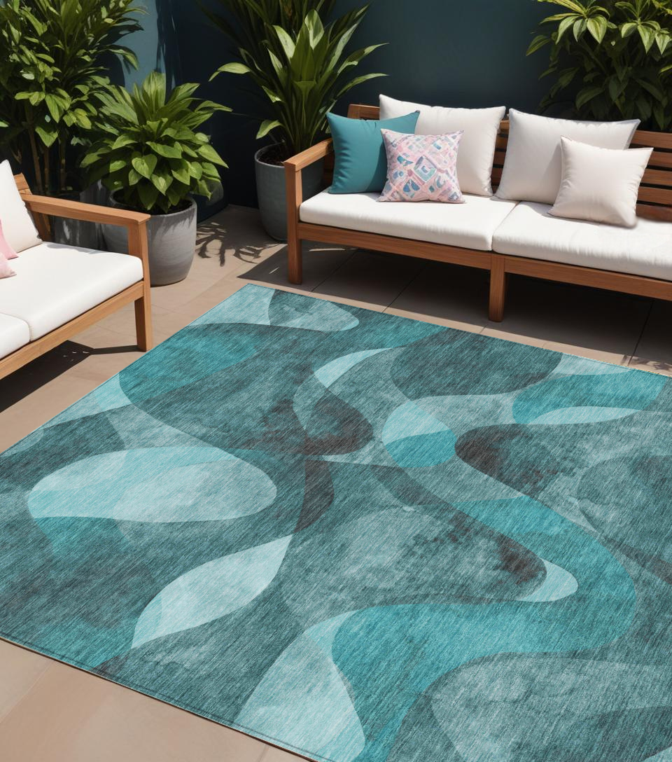 9' X 12' Teal Abstract Washable Non Skid Indoor Outdoor Area Rug-561631-1