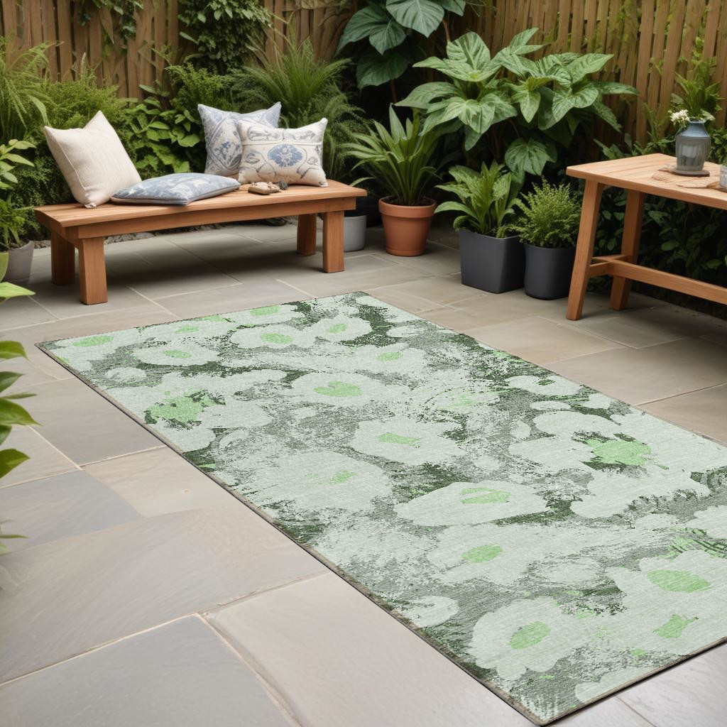 8' Runner Artichoke Green Floral Washable Non Skid Indoor Outdoor Runner Rug-561697-1