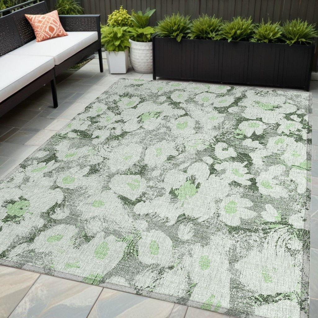 5' X 8' Artichoke Green Floral Washable Non Skid Indoor Outdoor Area Rug-561700-1