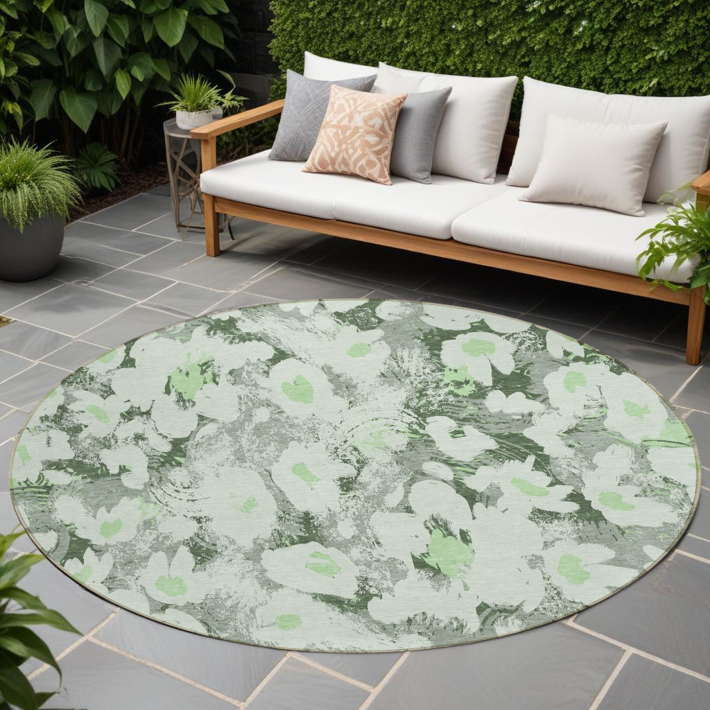 8' Round Artichoke Green Round Floral Washable Non Skid Indoor Outdoor Area Rug-561701-1