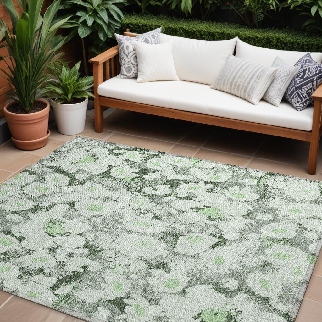 9' X 12' Artichoke Green Floral Washable Non Skid Indoor Outdoor Area Rug-561703-1