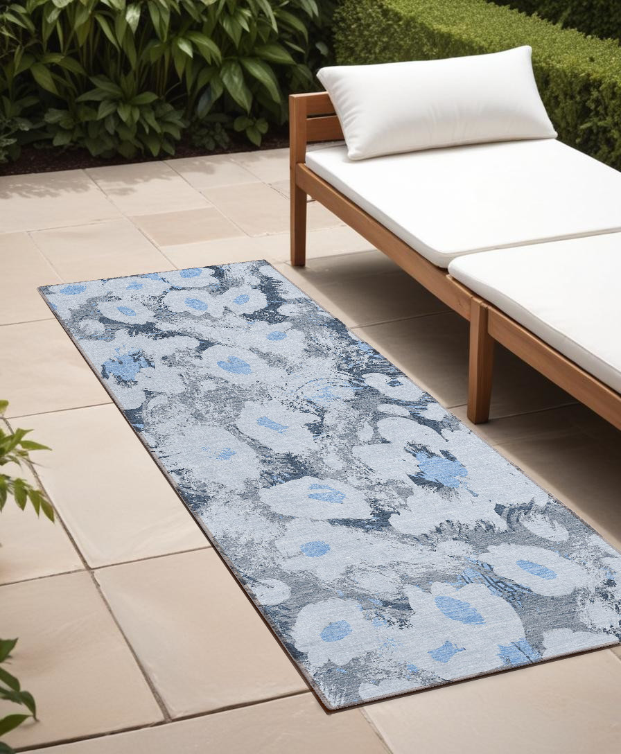 8' Runner Denim Blue Floral Washable Non Skid Indoor Outdoor Runner Rug-561706-1