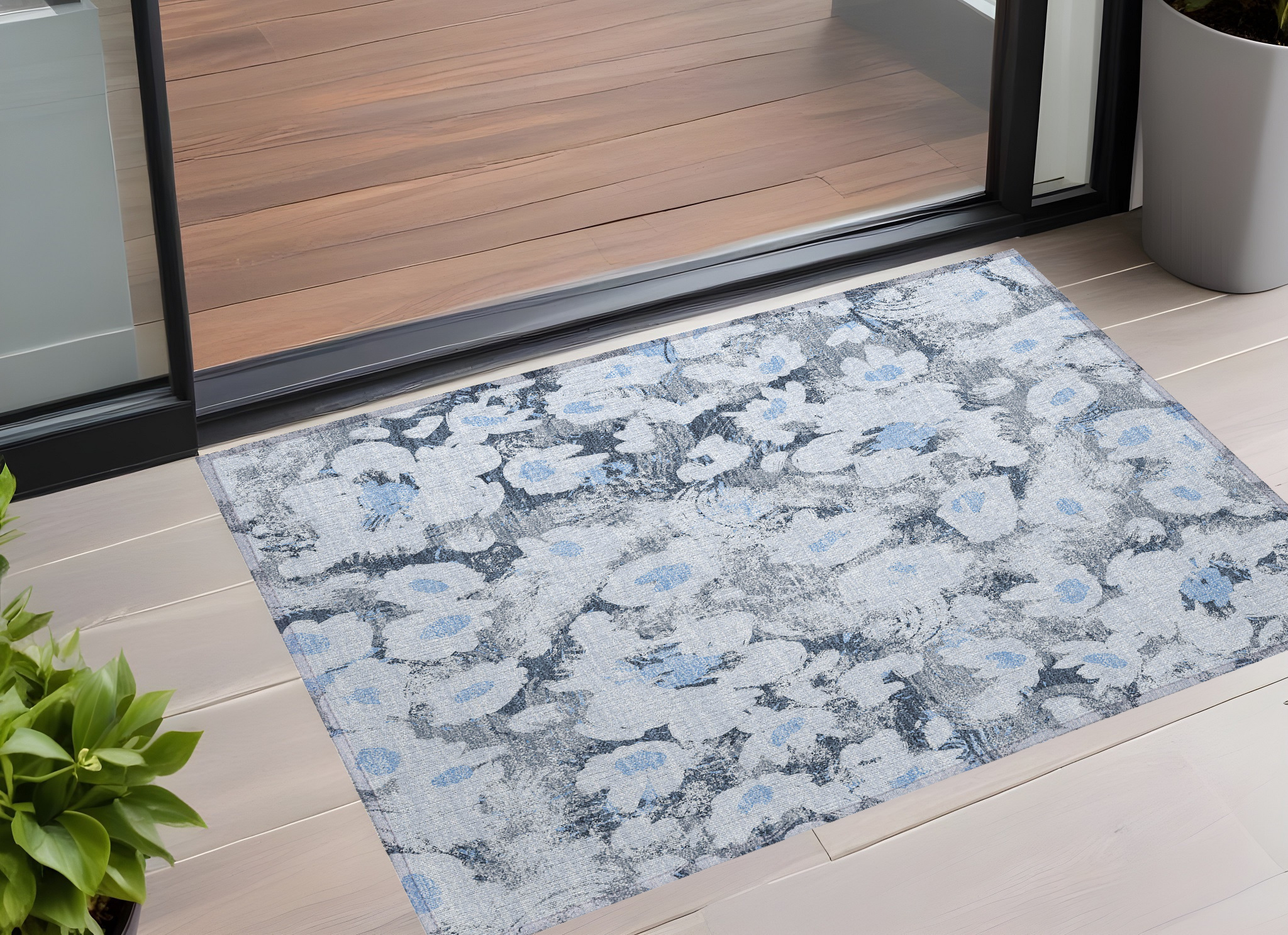 3' X 5' Denim Blue Floral Washable Non Skid Indoor Outdoor Area Rug-561708-1