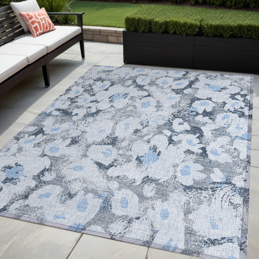 5' X 8' Denim Blue Floral Washable Non Skid Indoor Outdoor Area Rug-561709-1